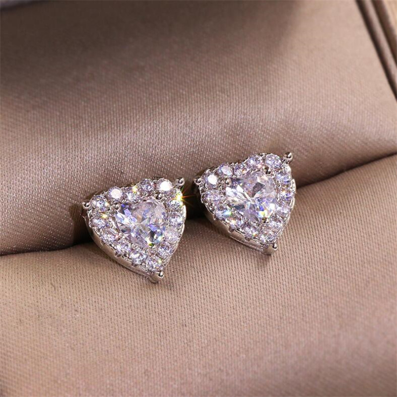 Sterling Sier Heart Stud Earrings with White Topaz CZ for Women - Simple & Elegant Party Wedding Jewelry Gift Free shipping