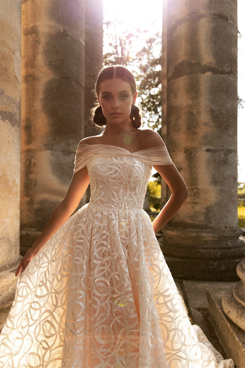 2020 Elegant A Line Wedding Dresses Off The Shoulder Appliqued Sequins Lace Up Back Design Court Train Bridal Gowns