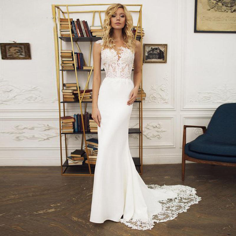 Beach Boho Wedding Dresses 2020 Appliques Lace Mermaid Bridal Gowns Sweep Train Illusion Back Bride Dresses