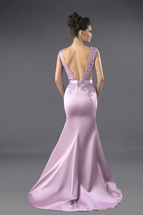 Sexy Satin Mermaid Evening Dresses Front Split Tony Chaaya 2018 Deep V Neck Lace Applique Beaded Prom Gowns Backless Celebrity Party Dress