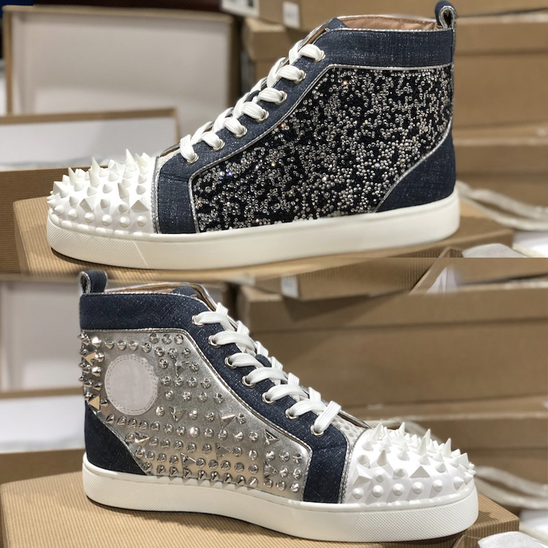Newest Mens Red Bottom Sneakers women High-top Junior Silver Spikes Sneaker Women Leather Suede Studded Sneakers Lace Up Party shoes, Color 5
Newest Mens Red Bottom Sneakers women High-top Junior Silver Spikes Sneaker Women Leather Suede Studded Sneakers Lace Up Party shoes, Color 5