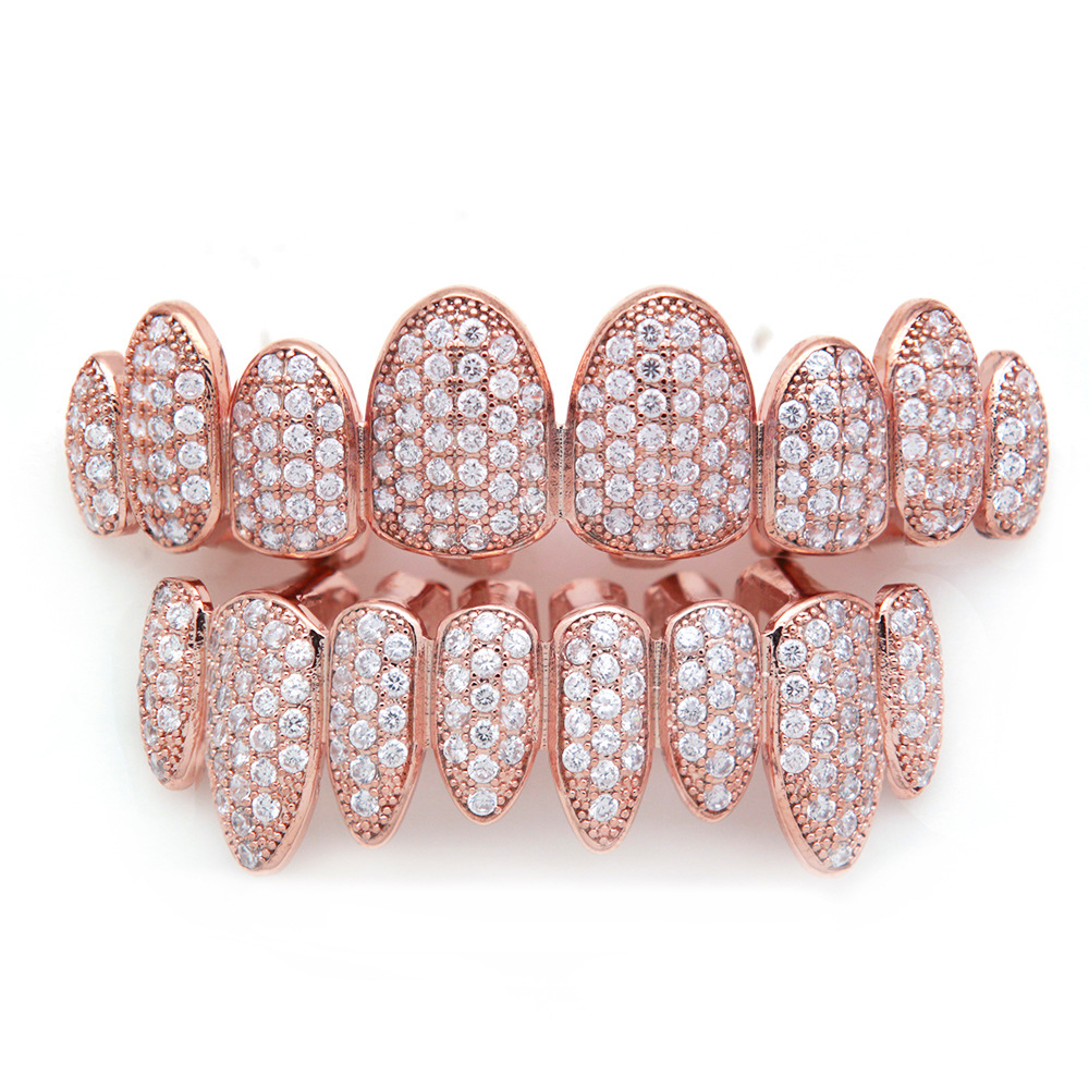 18K Gold Rose Gold White Gold Vampire Grillz Iced Out Fang Grills Full Diamond Cosplay Tooth Cap Dental Mouth Teeth Braces Ornamen