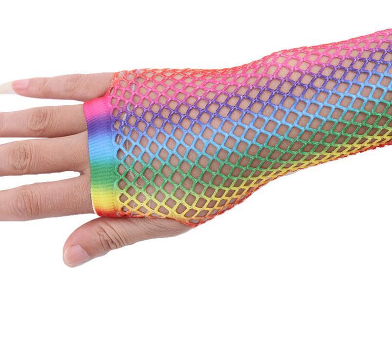 FashionRainbow Fishnet Fingerless Gloves Sexy Colorful Shiny Mermaid Long Halffinger Gloves Bridal Party Nightclub Fishnet Gl