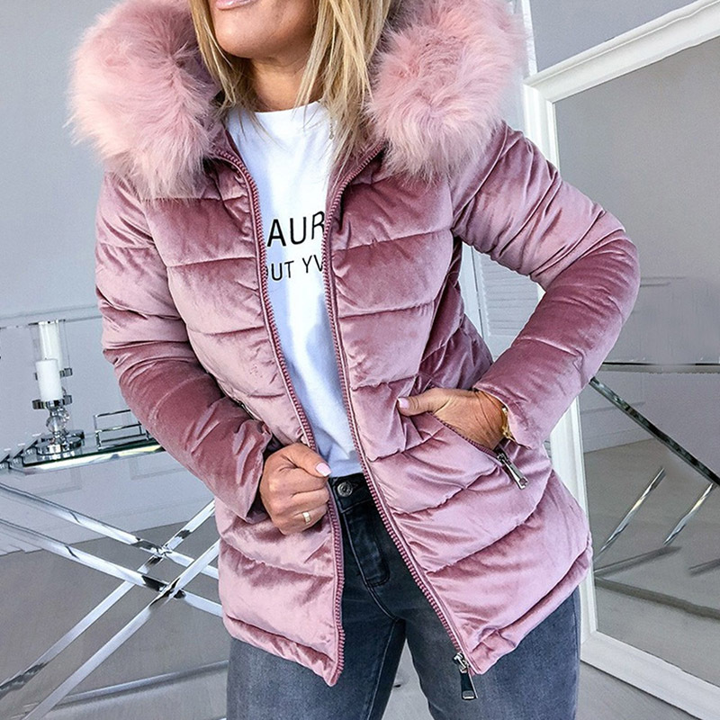 Women Cotton Padded Jackets Gray Pink Hood Fur Collar Thick Fashion Basic Snow Outerwear Winter Velvet Jacket Coat Plus Size