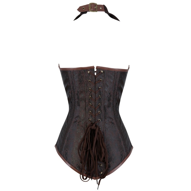 Women Jacquard Halterneck Overbust Corset Vest Plastic Boned Body Shaper Waist Cincher Slimming Corselet with Lapel Collar S-XXL Black Brown