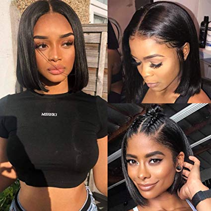 Short Bob Human Hair Lace Front Wig Brazilian Virgin Glueless Silky Straight Hair Wigs with Baby Hair for Black Women 130%