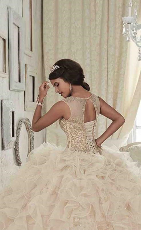 Gorgeous Champagne Crystal Quinceanera Dresses Scoop Neck Hollow Back Coeset Prom Tiered Skirts Or Length Sweet 16 Dress 0220