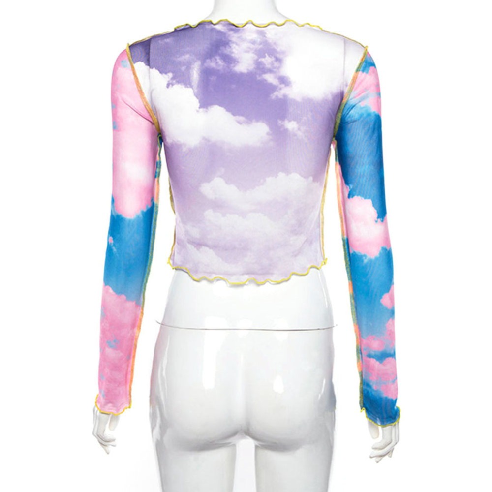 Blue sky cloud print mesh tshirt women crop top transparent casual summer t-shirt patchwork sexy tee shirt femme