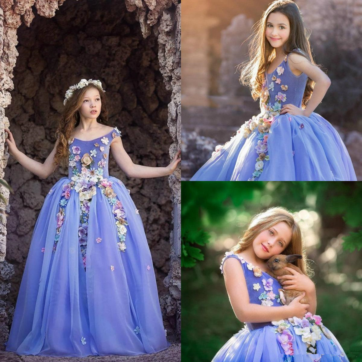 Princess Flower Girls Dresses Colorful 3D Floral Appliques Kids Teens Pageant Gowns Birthday Party Dress For Wedding Cooktail Gown