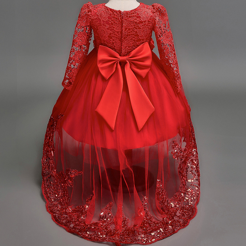 Flower Red Trailer Puffy Wedding Party Girl First Communion Attended Princess Lace Evening Dress 0522