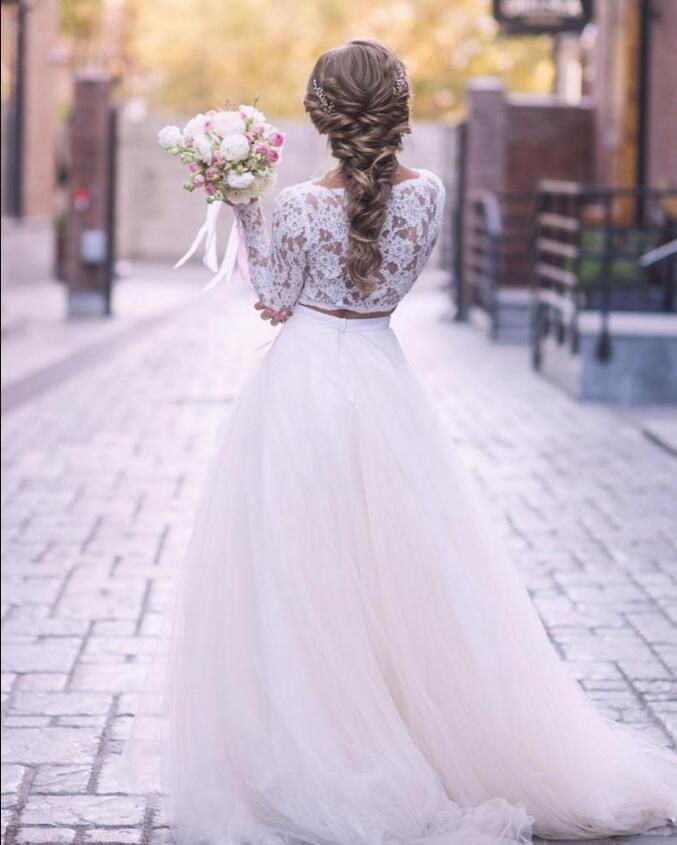 2019 New Beach Wedding Dresses Long Sleeves Lace Bride Gowns ruched two Pieces Princess Boho Long Sleeve With Tulle Bridal Dress zipper