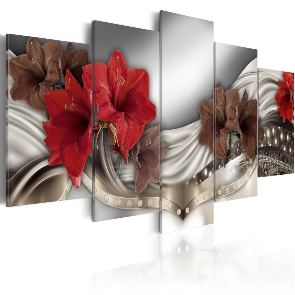 Fashion Wall Art Canvas Painting 5 Pieces Red Brown Green Diamond Lilies Flower Modern Home Decoration, No Frame