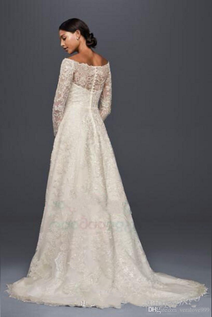 Oleg Cassini Modest Wedding Dresses with Long Sleeves Lace Applique Off The Shoulder Garden Outdoor Wedding Dresses Plus Size Bridal Gowns