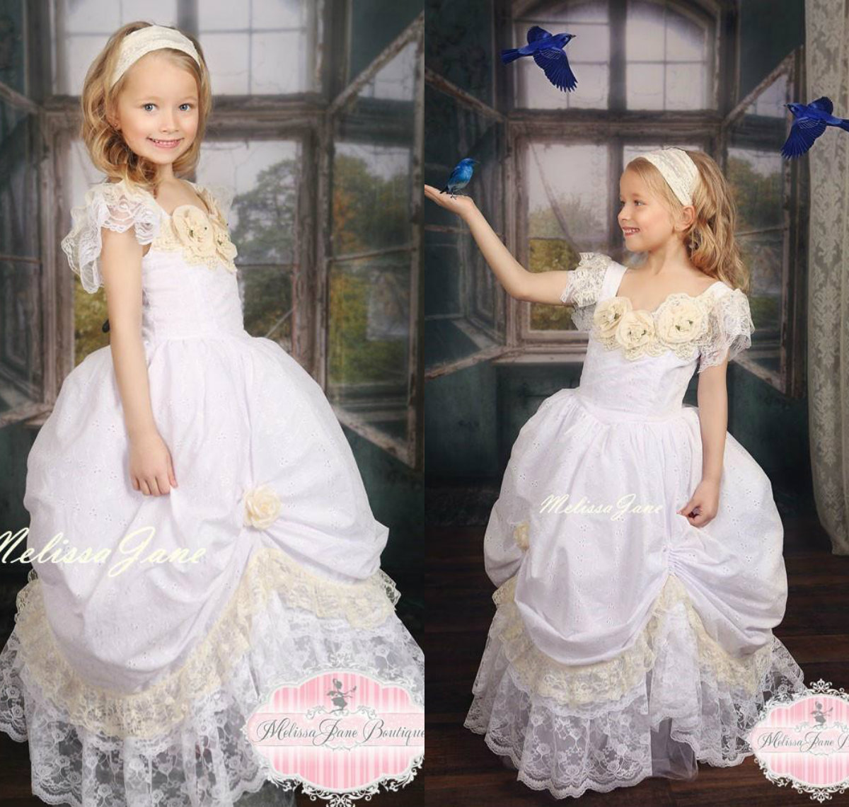 Princess White Flower Girl Dresses Jewel Neck Lace Handmade Flowers Ruffles Girls Pageant Gowns Children A Line Kids Prom Party Dress