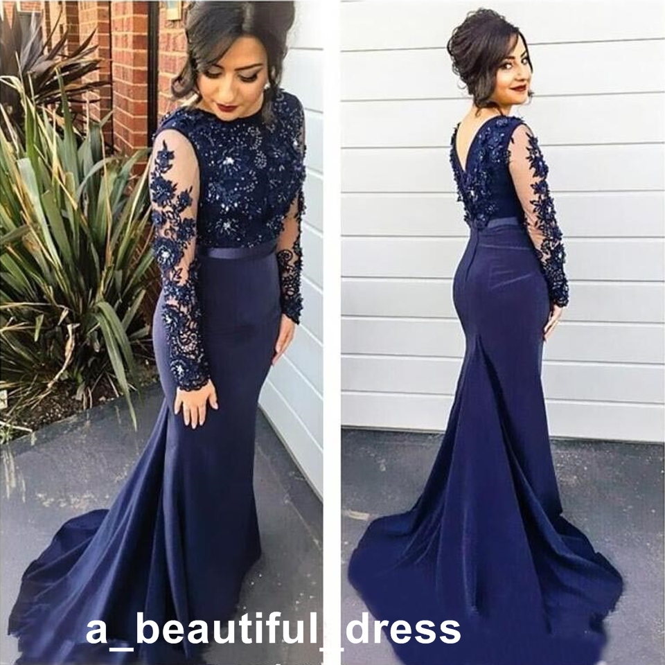 Delicate Lace Appliques Beading Navy Blue Evening Dress Mermaid Long Sleeve Mermaid Formal Dresses Gowns Plus Size ED1279