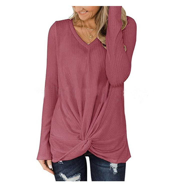 Spot 2021 European spring and summer solid color V-neck long sleeve waffle twisted T-shirt shirt sweater support mixed batch