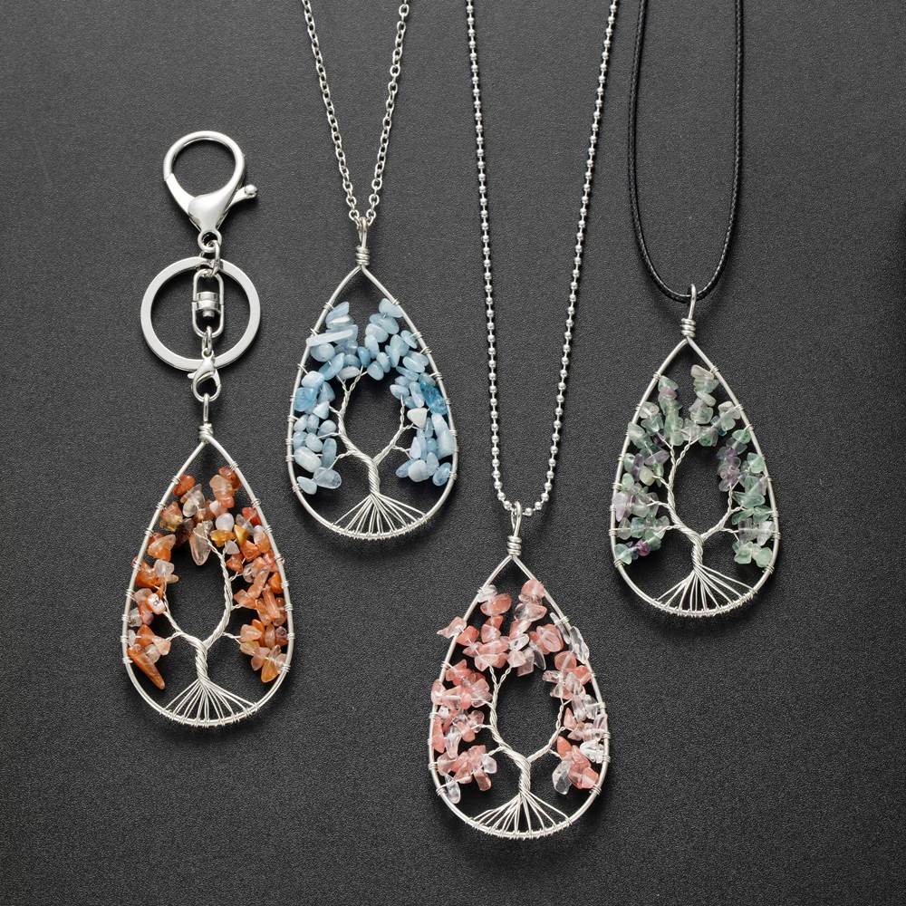 12PCS Handmade Wire Wrapped Chip Stone Life of Tree Pendant Keychain 7 Chakras Healing Crystals Key Ring Chain for Women Car Door