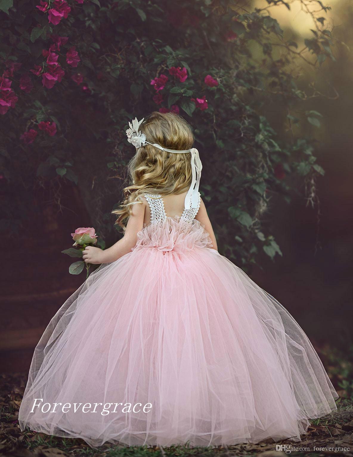 2019 Puffy Tulle Floor Length Cute Princess Girl's Pageant Dress Vintage Blush Pink Arabic Party Flower Girl Pretty Dress For Little Ki