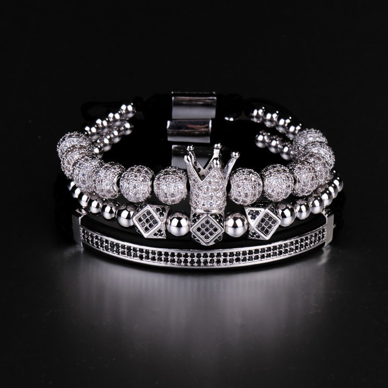 3pcs/set Hip Hop Gold Crown Bracelets 8mm Cubic Micro Pave Cz Ball Charm Braided Braiding Man Jewelry Pulseira Bileklik C19021501
