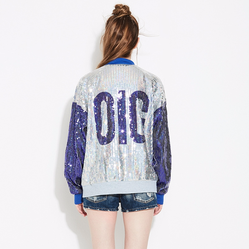 Streetwear Casual Oversized Loose Hip-Hop Logo Sequined Bomber Jacket Clubwear Women Long Sleeve Front Zipper Sequin Coat