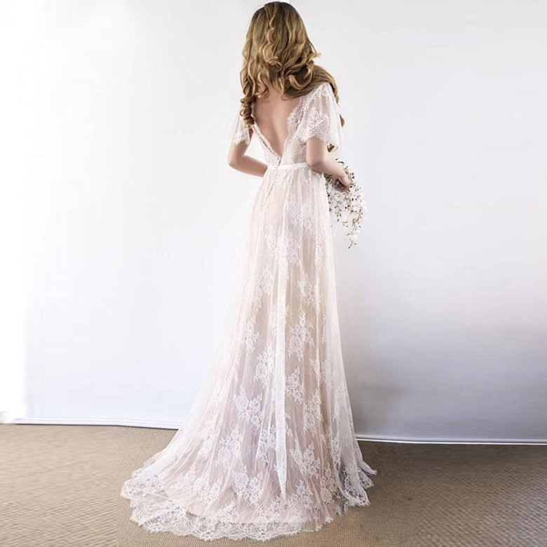 Bohemian Lace A-Line V Neck Bride Dresses Short Sleeves Boho Bridal Beach Wedding Gowns Backless Custom Made 0510