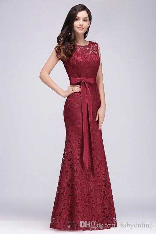 Designed Burgundy Lace Evening Prom Dresses Elegant Mermaid Formal Dress Jewel Neck with Sash Bridesmaids Dress CPS720