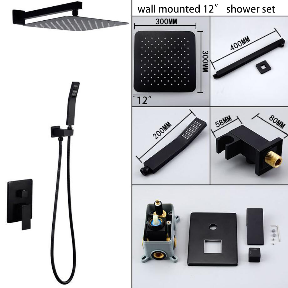 Bathroom black surface conceal shower set 8/10/12 inches square big shower head set with 2 function hot cold water mixer valve
Bathroom black surface conceal shower set 8/10/12 inches square big shower head set with 2 function hot cold water mixer valve