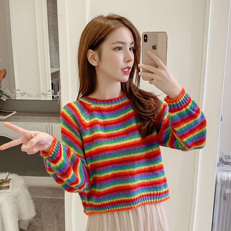 2020 spring and autumn Korean version of lazy wind rainbow stripe sweater women loose thin personality color, Red
2020 spring and autumn Korean version of lazy wind rainbow stripe sweater women loose thin personality color, Red