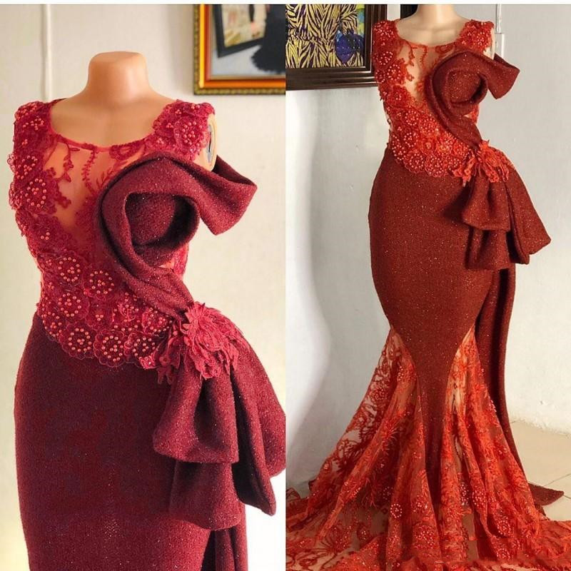 Arabic Glitter Mermaid Evening Dresses Plus Size Ruched Beads Lace Sweep Train Prom Gowns robe de soiree Formal Party Dress