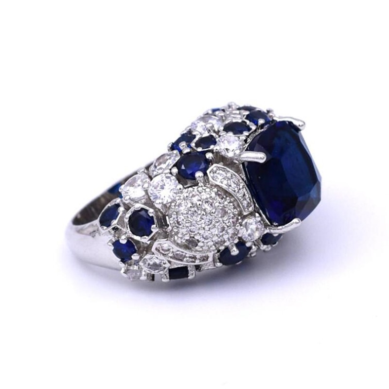 Sterg Sier Cushion Shape Blue Sapphire CZ Dia Gemstones Women's Wedding Band Ring