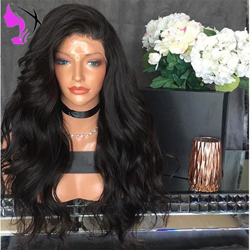 New Body Wave Heat Resistant Fiber 26 inch Side Part Glueless Synthetic Lace Front Wig with side bangs for Black women