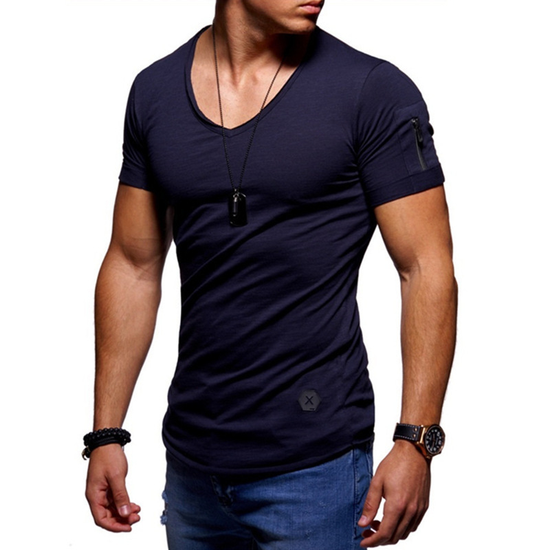New V collar T shirt Fitness Bodybulding T shirts High Street Summer Short Sleeve Zipper t-shirts tops Plus Size