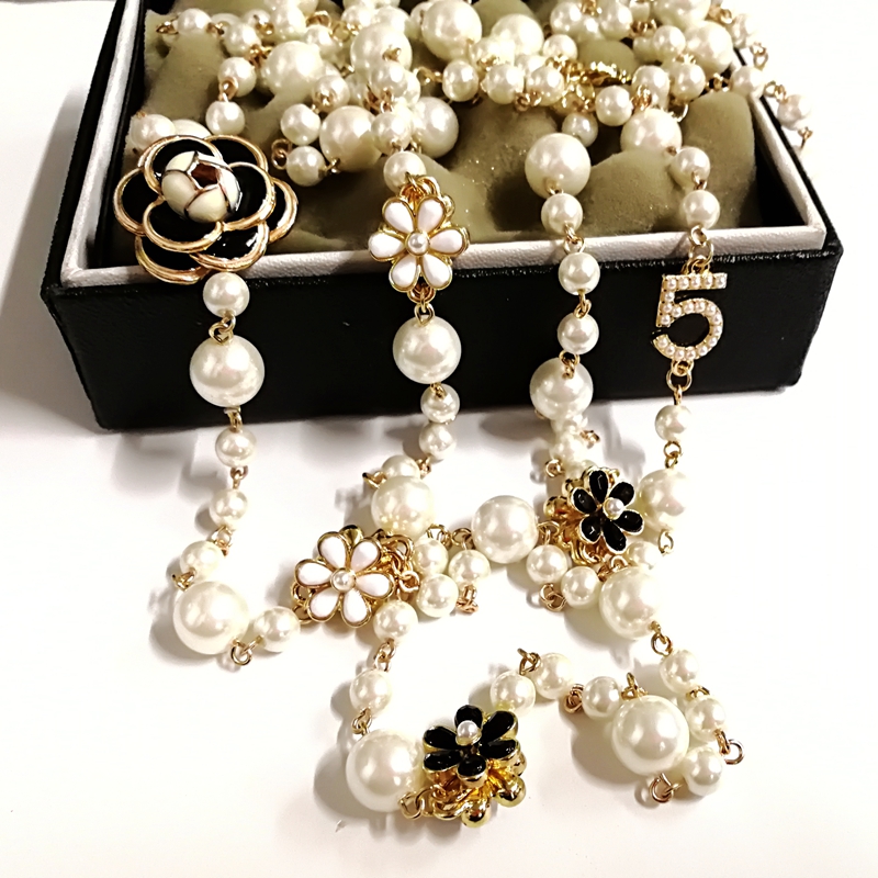 women korean Camellia Long pengdant pearls Necklace jewelry sautoir collier femme