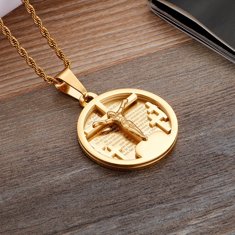 Jesus Cross Pattern Pendant Necklace Jewelry Round Shape Stainless Steel Gold Plated Pendants Men Women Religious Jewelry