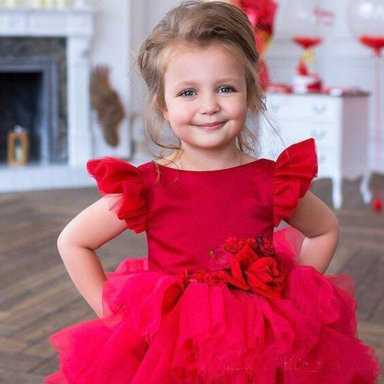 2020 Red Pageant Dresses Jewel Neck Ruffles Tiered Skirts Princess Kids Formal Wear Flower Short Sleeve Party Birthday Gowns