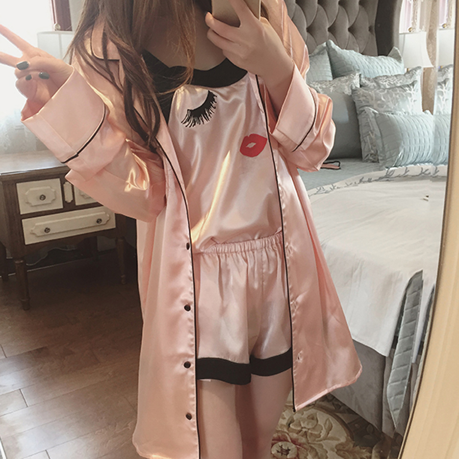 Summer Cartoon Satin Pajamas Sets Women 4pcs/set Long Sleeve Tops Camisole Shorts Eye Mask Home Clothing Sexy Sleepwear Mujer