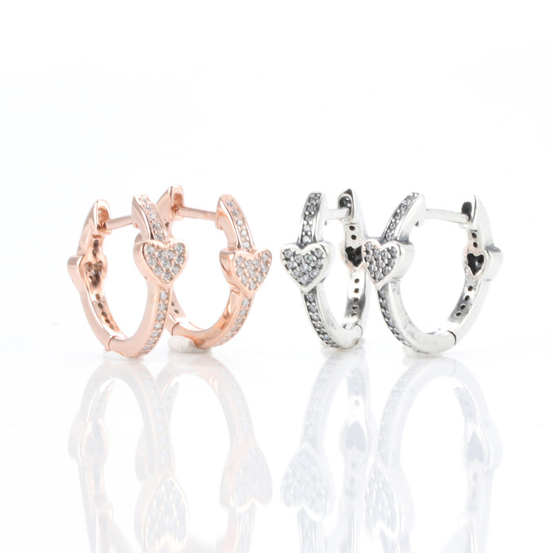 Real 925 Sterling Silver Huggie Earrings for Pave Heart Hoop Earrings Women Girls stud Earrings with Original box6703062