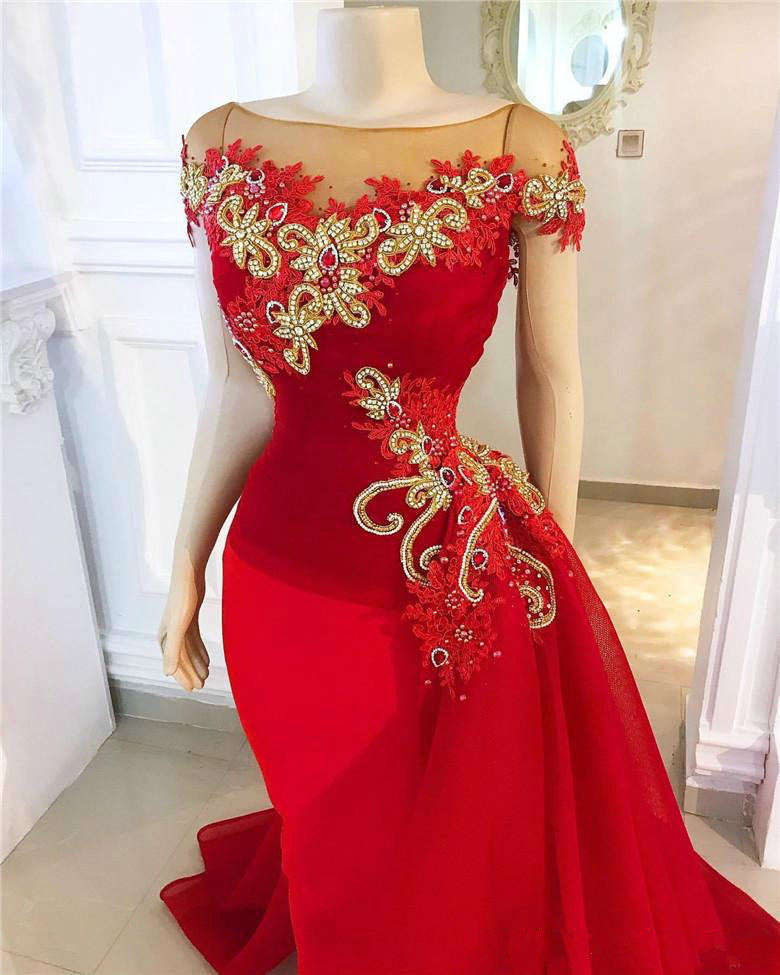 Luxury Beaded Red Mermaid Prom Dresses With Detachable Train Short Sleeves Evening Gowns Saudi Arabic Long Formal Party Dress
