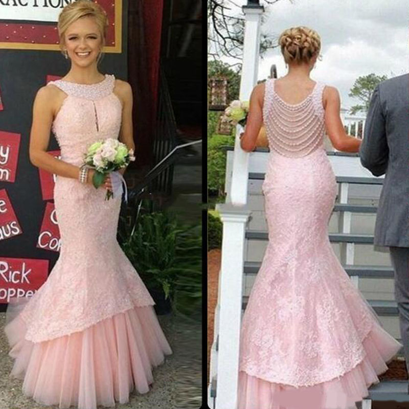 2020 Cheap Charming Mermaid Pink Long Evening Dress Pearls Beaded Scoop Neck Lace Women Pageant Gown for Formal Prom Party