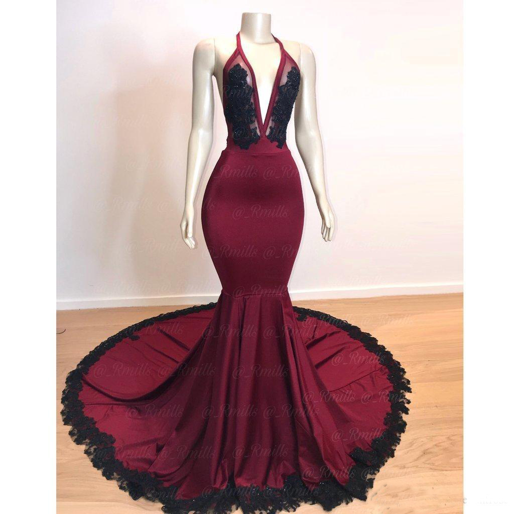 Sexy Burgundy with Black Prom Dresses Deep V Neck Backless Lace Applique Evening Dresses Sweep Train Mermaid Party Gowns