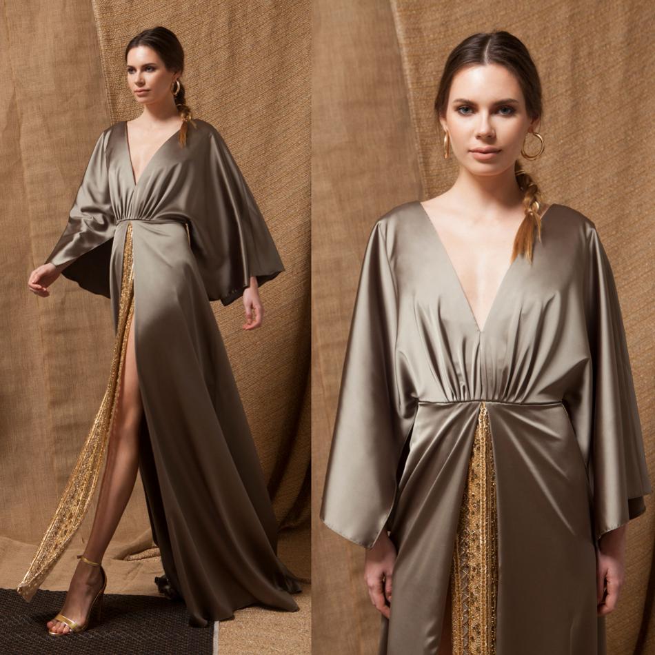 Elegant Gloosy A Line Prom Dresses V Neck Long Sleeve Satin Split Gold Beads Floor Length Evening Gowns Plus Size robes de soirée