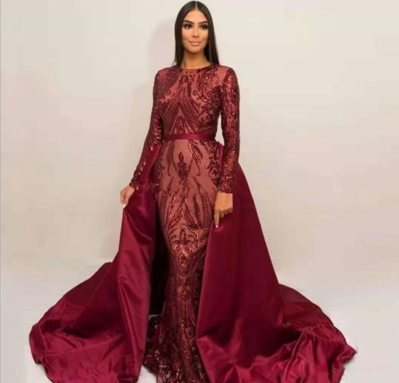 Burgundy Hunter Green Mermaid Evening Pageant Dresses with detachable Train Jewel Neck Long Sleeve Applique Sequins Occasion Prom Gown