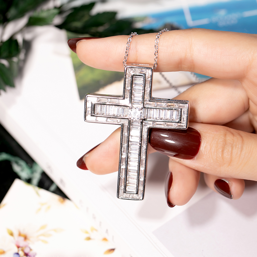 New 925 Silver Exquisite Bible Jesus Cross Pendant Necklace for women men Crucifix Charm Simulated Platinum Diamond Jewelry N022