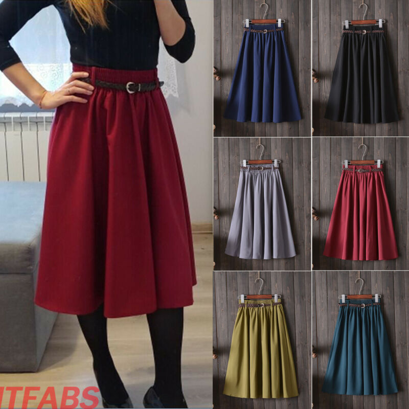 2019 Fashion Women Midi Knee Length Summer Skirt With Belt High Waist Skirts, Black