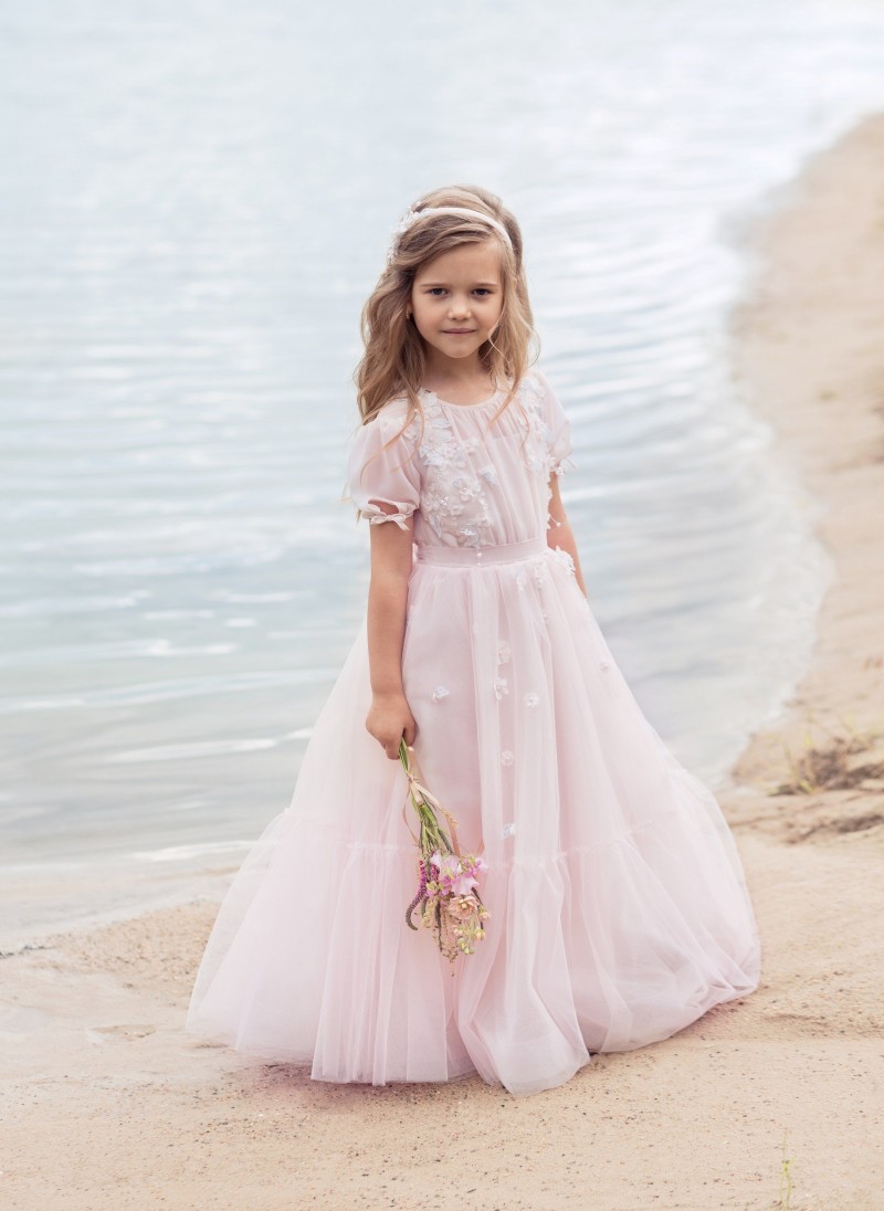 2019 Beach Pink Flower Girl Dresses Short Sleeve 3D Floral Applique Tulle Princess Toddlers Bohemian Kids Formal Wear For Wedding Prom Party