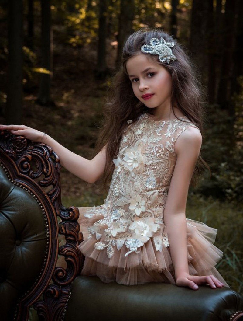 champagne girls pageant dresses with jewel neck sleeveless ruffles skirt backless mini flower girl dresses for weddings