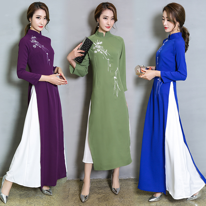Vietnam Ao Dai Patchwork Tight Dress for Woman Chinese Traditional Costumes Qipao Cheongsams Flower Female Oriental Outfits