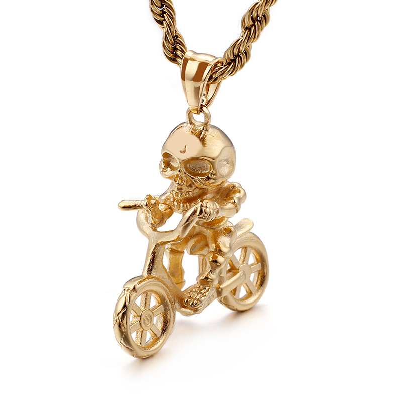 Hip Hop Skeleton Bicycle Pendants Necklace New Men Punk 316L Stainless Steel 18K Gold Plated Jewelry