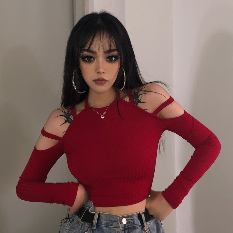 Cutout Round Neck Cropped Sexy T Shirt Solid Red Long Sleeve Tight T-Shirt Elastic Fashion Elegant Romantic T-Shirt Woman MM60TX
Cutout Round Neck Cropped Sexy T Shirt Solid Red Long Sleeve Tight T-Shirt Elastic Fashion Elegant Romantic T-Shirt Woman MM60TX