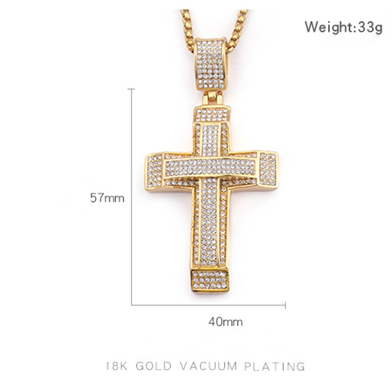 Double Layers Cross Pendants Necklace Men Hip Hop 316L Stainless Steel Full Cubic Zirconia Setting 18K Gold Plated Jewelry